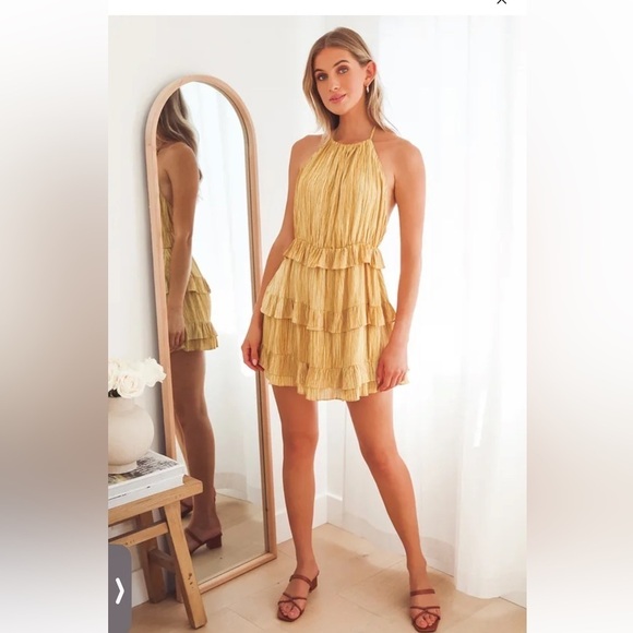 LULUS Dress Downright Darling Mustard Yellow Ruffled Striped Mini Sz L New - Picture 1 of 8